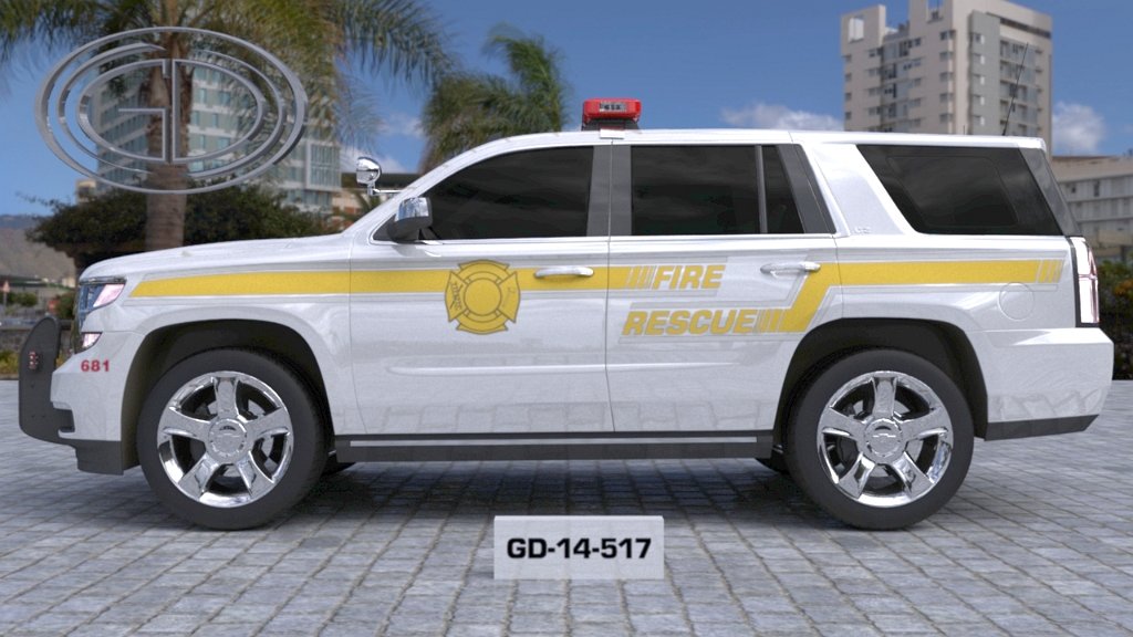 sideview of a white yellow designed fire rescue car with a model number of GD-14-517