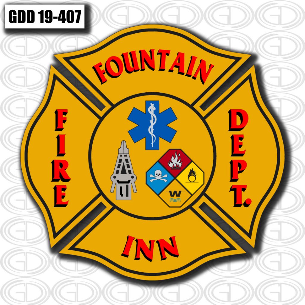 fire fountain department inn yellow logo with red line design