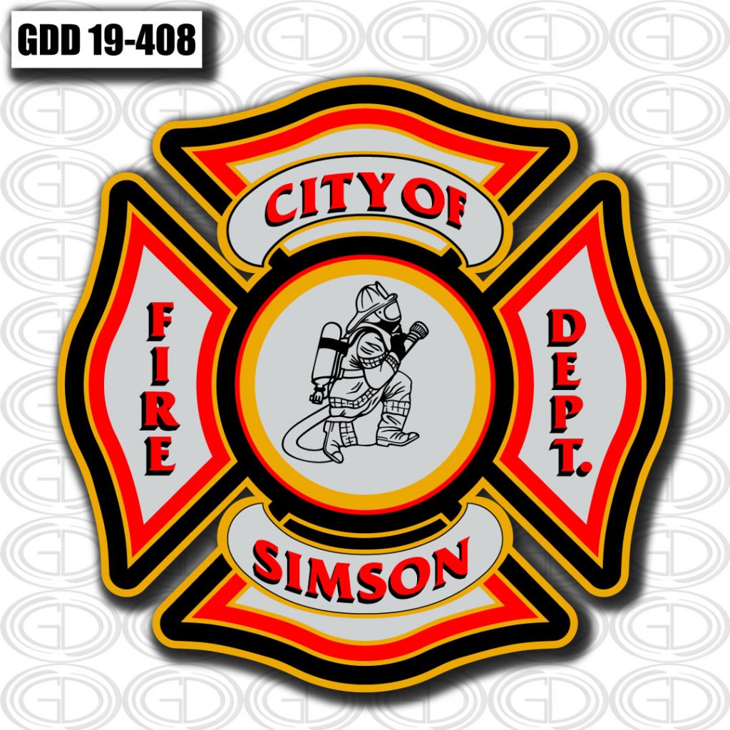 city of fire simson department logo design a fireman in the center and red, black and yellow line design