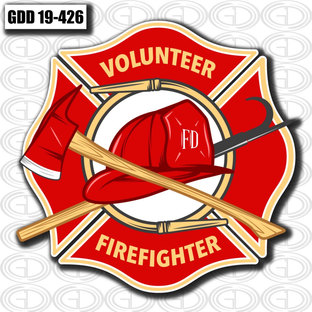 volunteer firefighter red cap and axe logo design