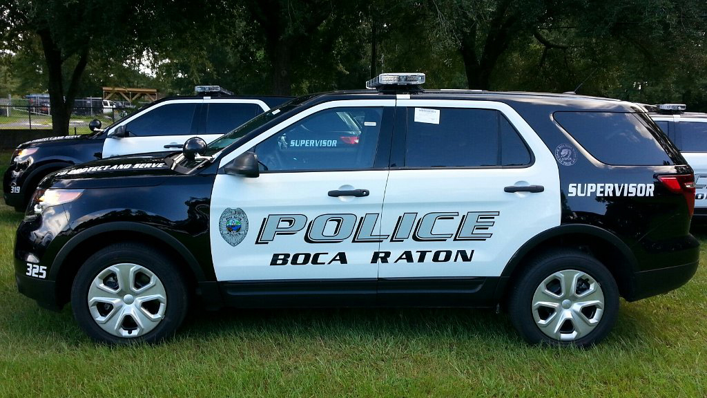 boca raton police black car with white font color and logo design