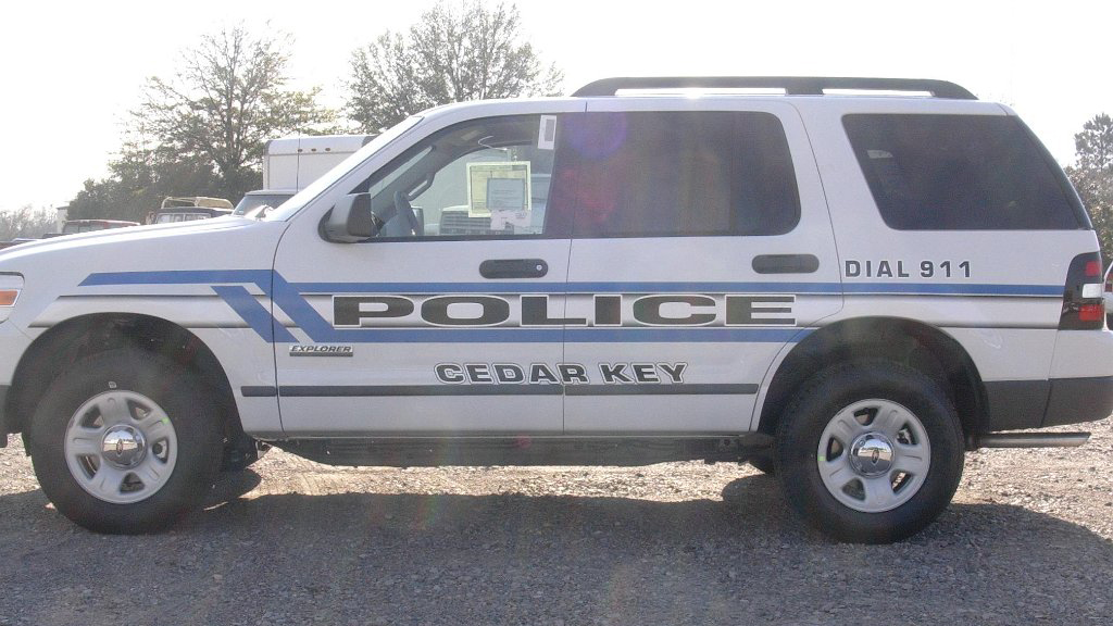cedar police white car with blue and black line design