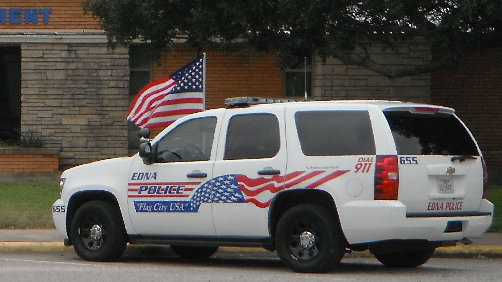 white edna police car with the style of american flag